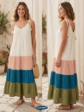 Old Navy Boho Shoulder Strap White Peach Blue Green Midi Dress Sz XS / Small NEW